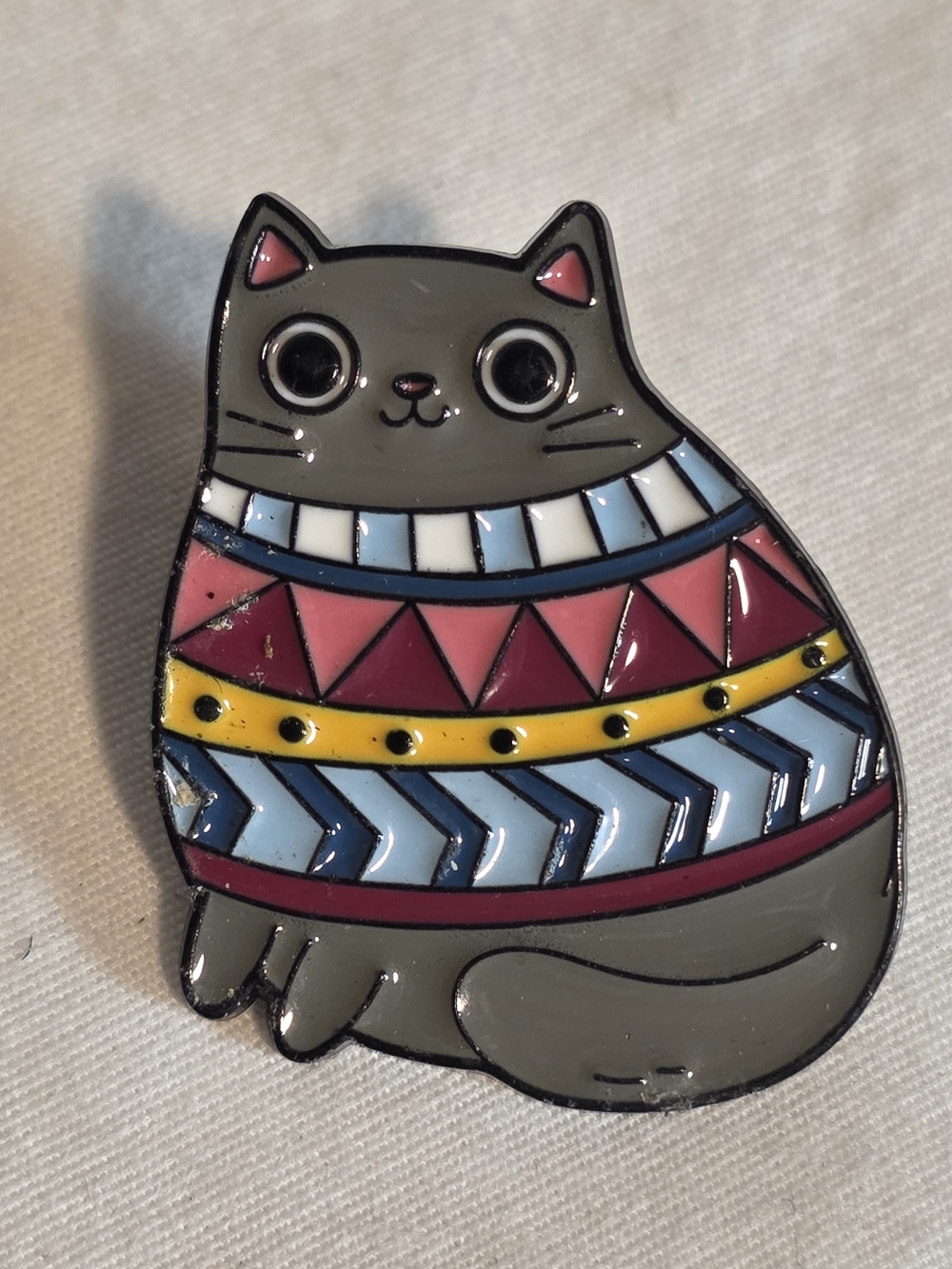 Cute Grey Cat Wearing Sweater Enamel Lapel Pin Fair Isle Pattern Kitty Badge